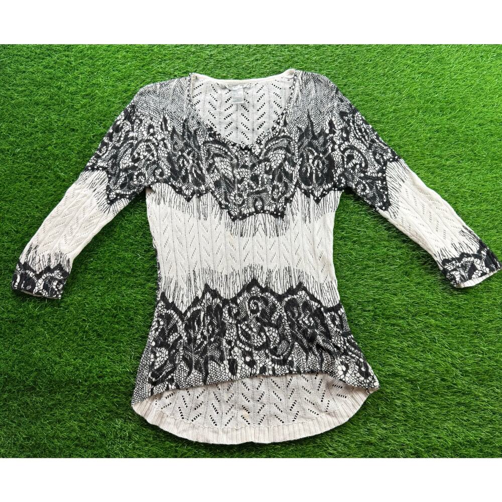 Alberto Makali Lace Knit Sweater Tunic Sz L Black White 3/4 Sleeve Hi Low Hem